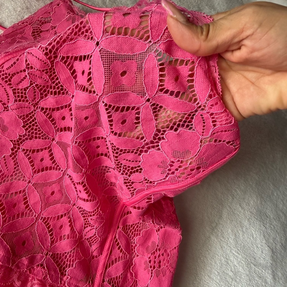 Meshki Hot Pink Lace Slip Mini Dress Size Large Satin Lace Party Date Night - Picture 9 of 15